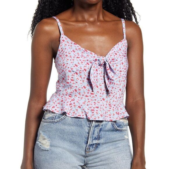 BP. Floral Tie Front Smocked Back Blue Cami Sz M NWT - Picture 1 of 10